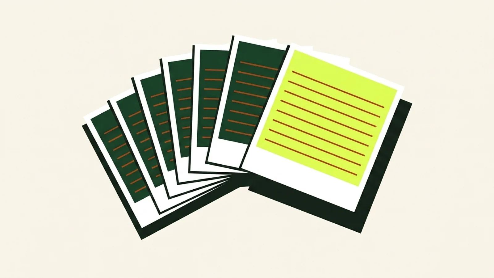 A cut-paper illustration seen from above: a stack of square blank photographic prints fanned across the frame into an overlapping sequence, with one print lifted clear of the others.